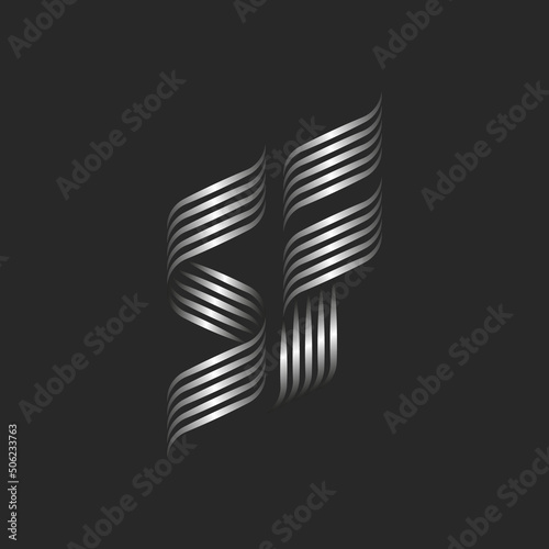 Ornamental initials SF or FS letters logo monogram, linked two letters S and F for business card emblem, weaving thin metallic gradient lines, silver curved stripes shape.