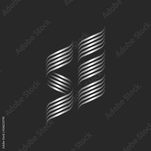 Combination letters SE or ES logo monogram, two letters S and E wedding card emblem, weaving thin lines script, metallic gradient curved stripes shape