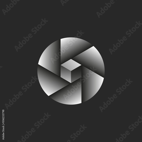 Cube logo creative 3d round geometric shape from black and white gradient. The original design of the box of overlapping layers.