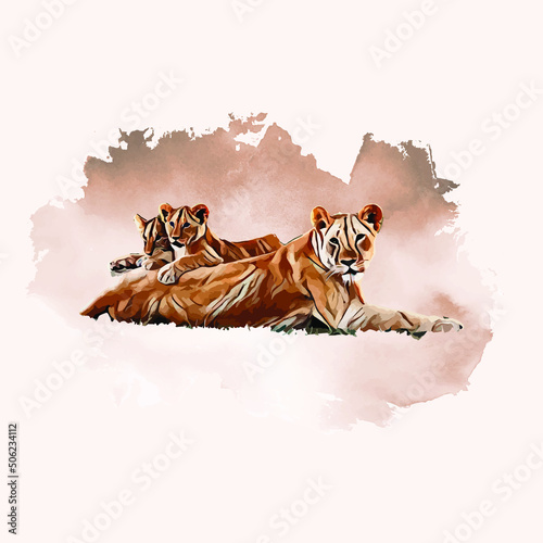 Watercolor lion with cub vector file