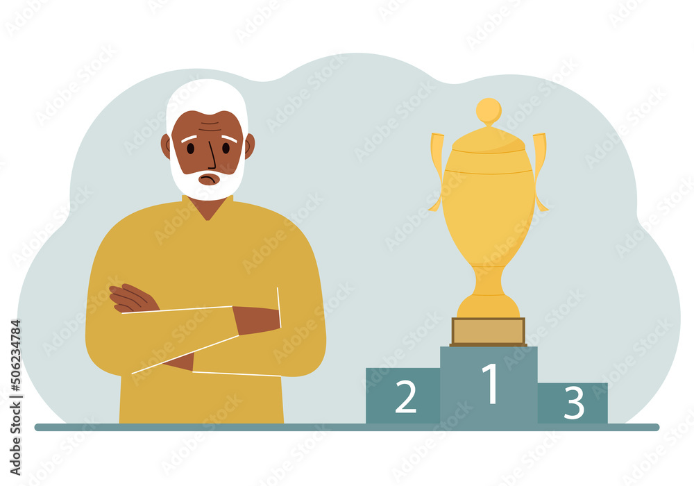A old man next to the pedestal on which the cup for victory and first place. A old man next to the pedestal on which the cup for victory and first place.
