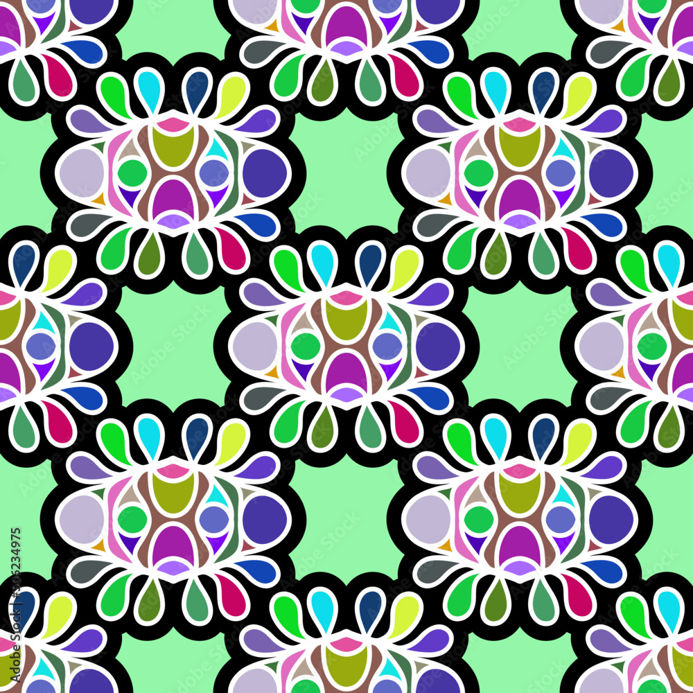 Obraz premium seamless variegated floral pattern on a green background. bright abstract ornament. print, cover, template.