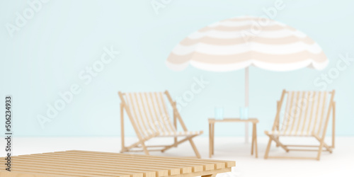 Summer abstract blurred background. Beach table with parasol and sun lounger. 3d rendering scene for visualization.