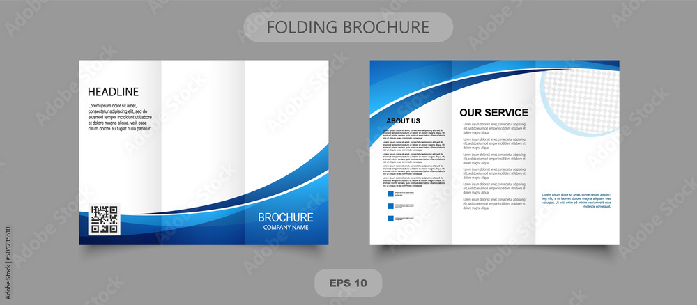 Tri fold wave brochure layout. Blue and white flyer. For design and print - obrazy, fototapety, plakaty 
