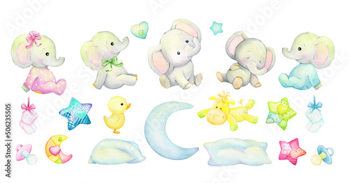 Baby elephants, moon, horse, stars, watercolor set, animals and toys, in cartoon style, on an isolated background.