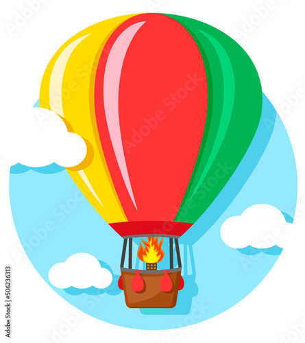 Hot air balloon with fire flies high in the sky.