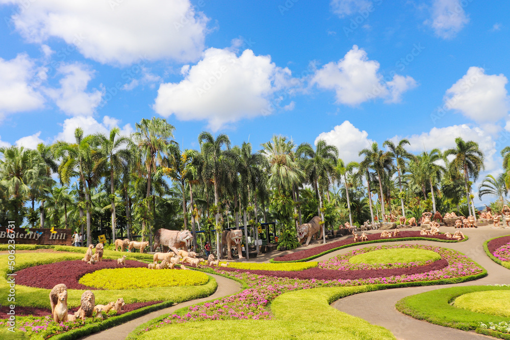 Pattaya, Chonburi, Thailand - April 22: 2022 Beautiful view of the Nong Nooch Tropical Botanical Garden. Pattaya, Kingdom of Thailand.