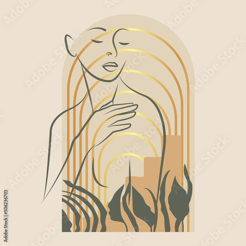 Modern aesthetic illustrations with golden stripes and woman
