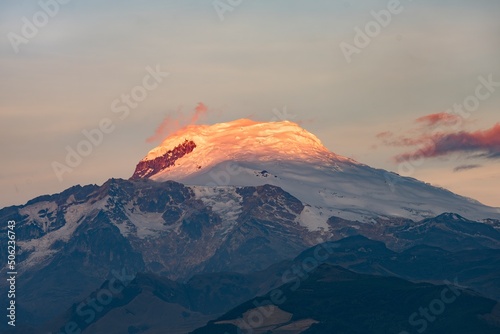 The Cayambe volcano in Ecuador at sunset