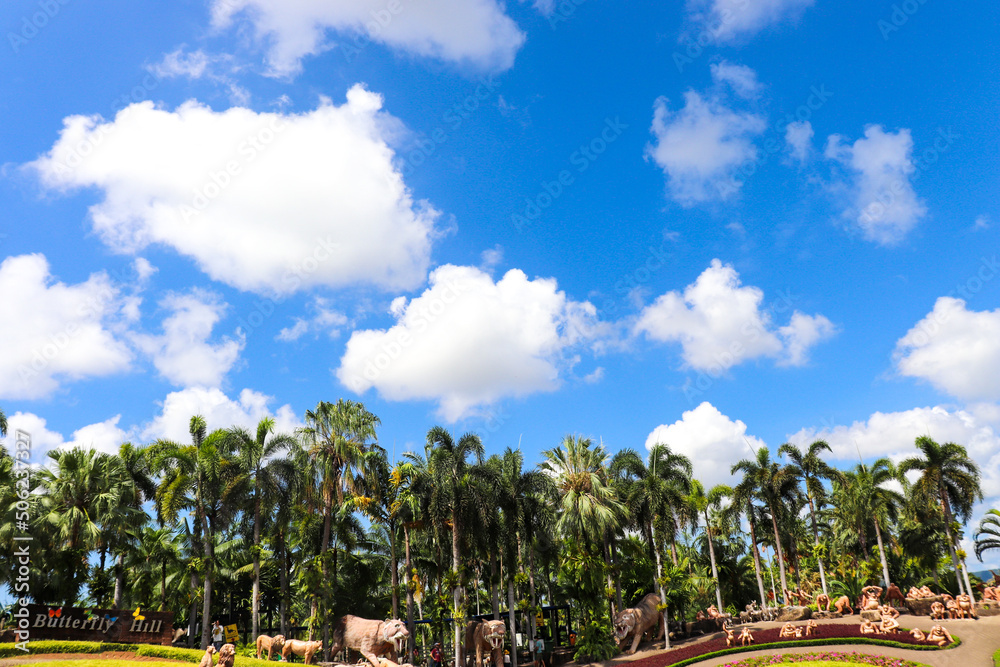 Naklejka premium Pattaya, Chonburi, Thailand - April 22: 2022 Beautiful view of the Nong Nooch Tropical Botanical Garden. Pattaya, Kingdom of Thailand.