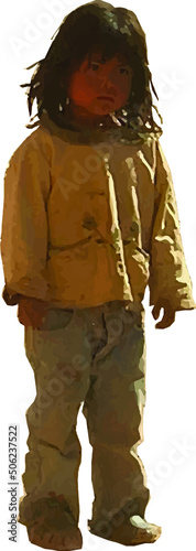 Serious standing disheveled little girl with bangs, dressed casually, illustration