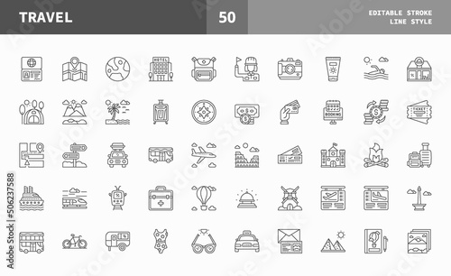 Travel icons set. Line set of vector icons editable stroke and pixel perfect. Can used for digital product, presentation, UI and many more.