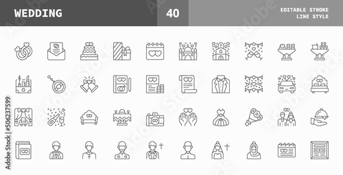 Wedding icons set. Line set of vector icons editable stroke and pixel perfect. Can used for digital product, presentation, UI and many more.
