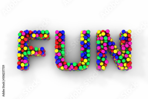 カラフルな球体が集まって形成された”FUN"の文字の3Dイラスト