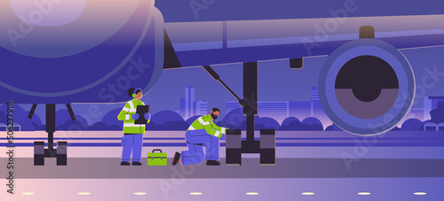 aviation supervisors mechanic and marshal in signal vests engineers checking aircraft landing gear wheel professional airport staff