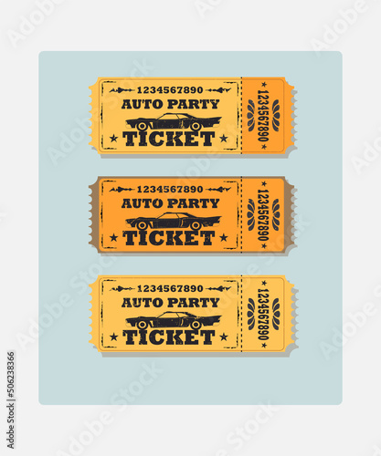 Vector illustration. Collection of tickets and coupons for the car party