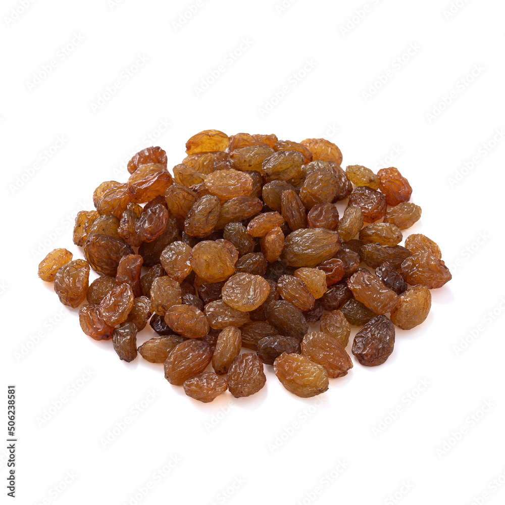 a pile of light raisins lies isolated on a white background