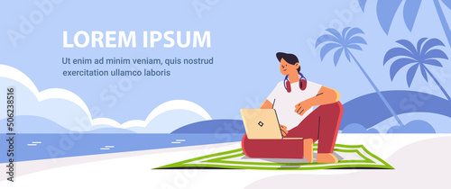 man freelancer working on notebook business man using laptop on tropical beach summer vacation freelance