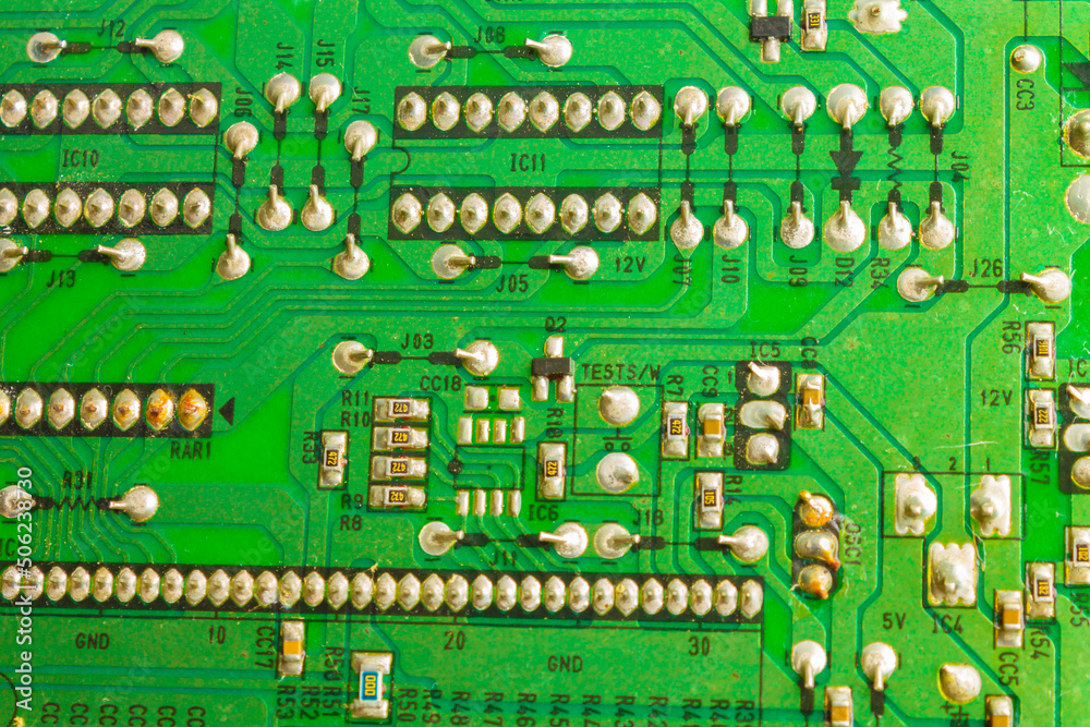 Printed Circuit Board with many electrical components. Printed Circuit Board with many electrical components.