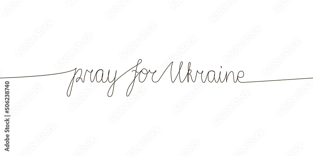 Pray for Ukraine continuous line drawing. One line art of english hand written lettering with wishes of peace.