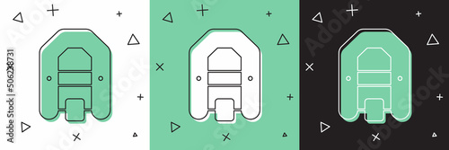 Set Rafting boat icon isolated on white and green, black background. Inflatable boat with paddles. Water sports, extreme sports, holiday, vacation. Vector