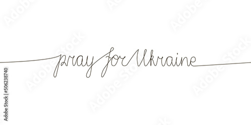 Pray for Ukraine continuous line drawing. One line art of english hand written lettering with wishes of peace.