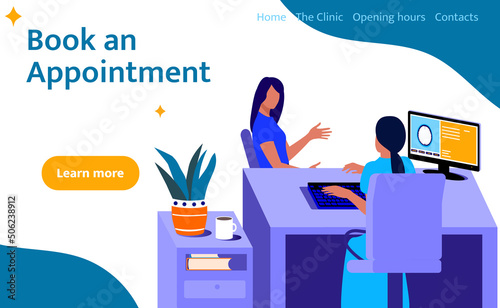 A female patient is having an appointment with the doctor in the clinic. The patient is sitting near the doctor’s desk and talking to the doctor.  Vector flat illustration.