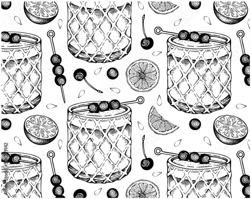 Sketch hand drawn pattern of Whiskey Sour cocktail isolated on white background. Engraved alcohol drink in glass, lemon, brandied cherry, bourbon. Bar menu wallpaper. Vintage vector illustration.