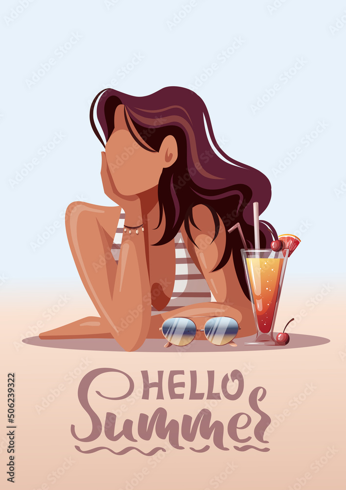 Summer card with woman in swimsuit. Beach Holidays, Summer vacation, Leisure, Recreation concept. A4 Vector Illustrations. Postcard, cover, poster. Summer card with woman in swimsuit. Beach Holidays, Summer vacation, Leisure, Recreation concept. A4 Vector Illustrations. Postcard, cover, poster.