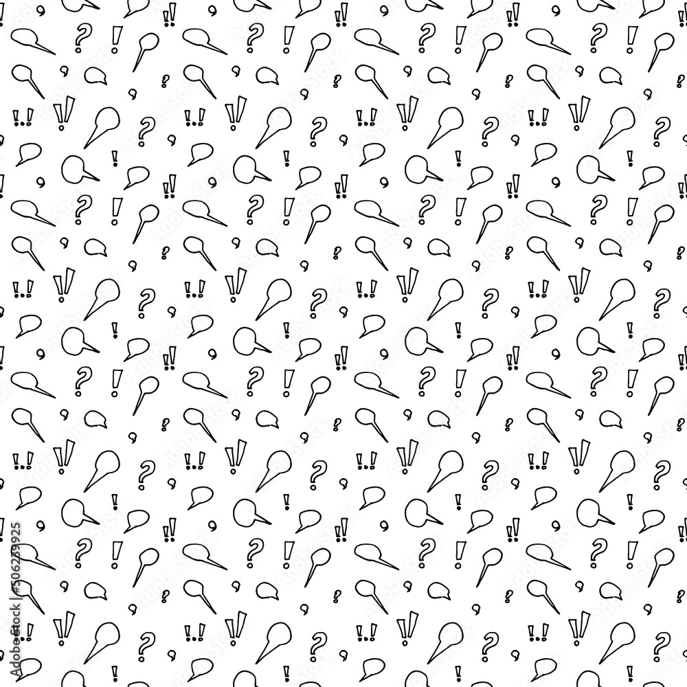 Pattern of dialogue clouds and grammatical signs. Abstract communication. Seamless vector image on a transparent background.
