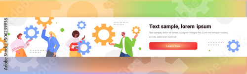 mix race businesspeople holding colorful cogwheels business process successful project creation concept