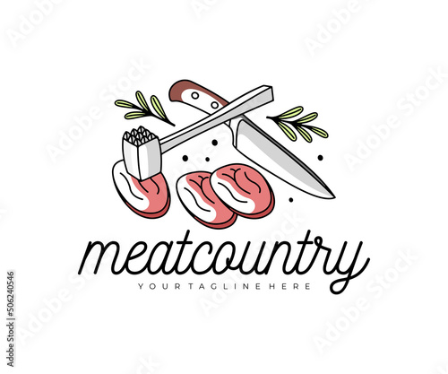 Butcher shop, meat, rosemary, knife and meat tenderizer mallet, logo design. Hammer for tenderizing steak out chicken, pork, veal, food and meal, vector design and illustration photo