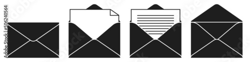 Black envelope icon vector set. Mail, e-mail, letter, or document icons isolated on a white background.