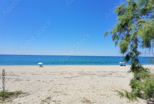 Fototapeta Naklejka Na Ścianę i Meble -  beach trees sun tamarisks in preveza monolithi beach greece