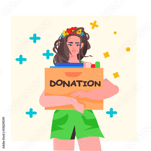 woman volunteer giving donation help box for Ukraine to refugee humanitarian aid material assistance governmental help