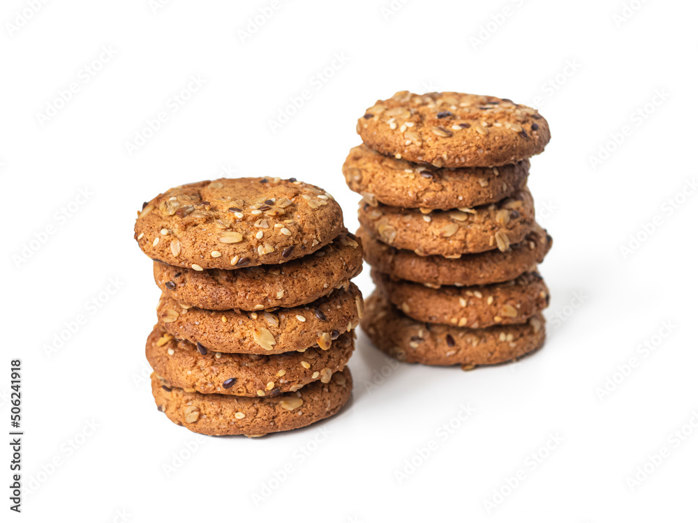 Round oatmeal cookies with seeds and peanut crumbs Round oatmeal cookies with seeds and peanut crumbs