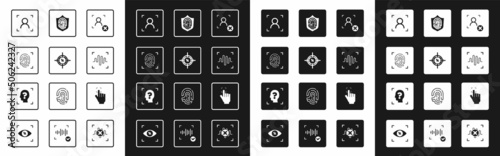 Set Rejection face recognition, Eye scan, Fingerprint, Face, Voice, shield, and icon. Vector