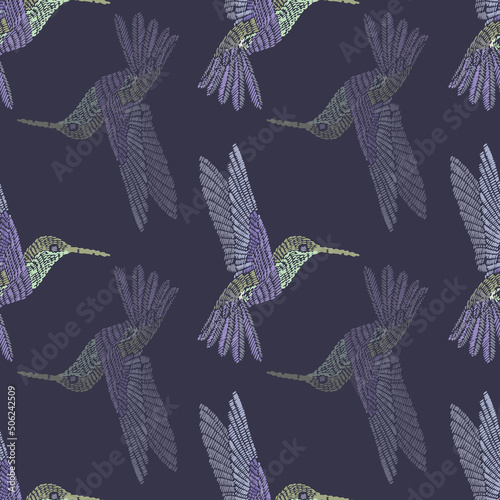 vector seamless flying hummingbird pattern, spring summer time, gentle romantic on a dark purple background allover print design. Print for bed linen. trend print for textiles and wallpaper