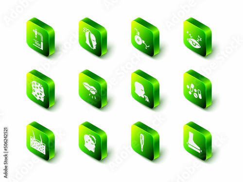 Set Toothache, Wheelchair, Insomnia, Medicine pill or tablet, Flat foot, Vomiting man, Medical thermometer and High human body temperature icon. Vector