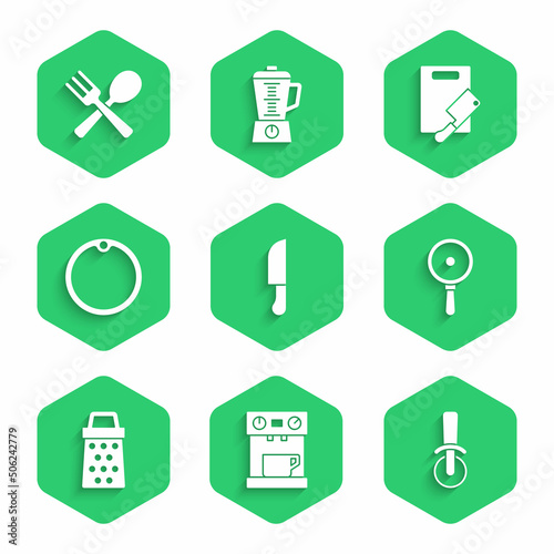 Set Knife, Coffee machine, Pizza knife, Frying pan, Grater, Cutting board, and meat chopper and Crossed fork spoon icon. Vector