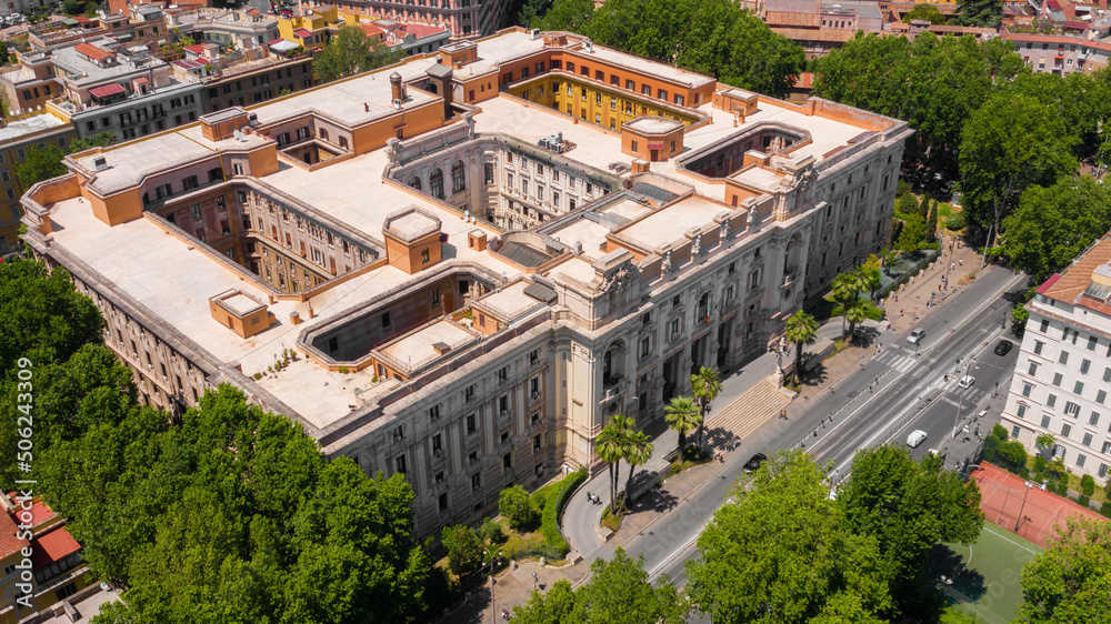 Fototapeta premium Aerial view of the Italian Ministry of Education located in the Trastevere district of Rome, Italy. The ministry is located in a beautiful historic building.