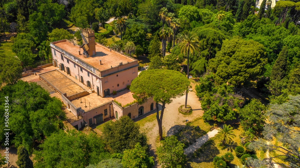 Aerial view of Villa Sciarra, a park in Rome, Italy. The villa is at center of the park. It is located in Trastevere district.