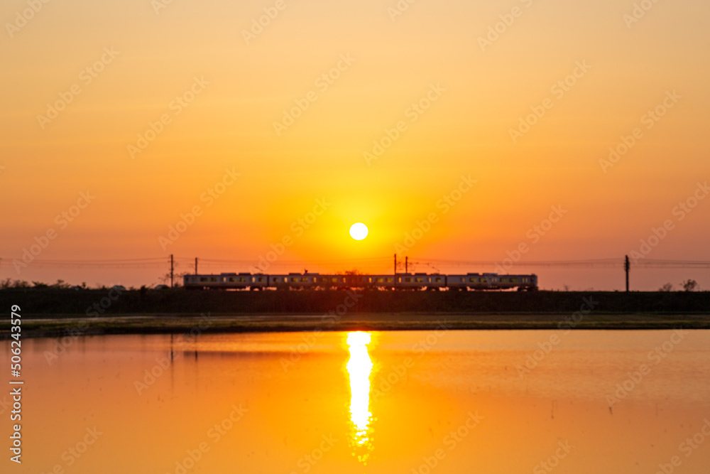 田んぼに映える夕日と羽越線の電車