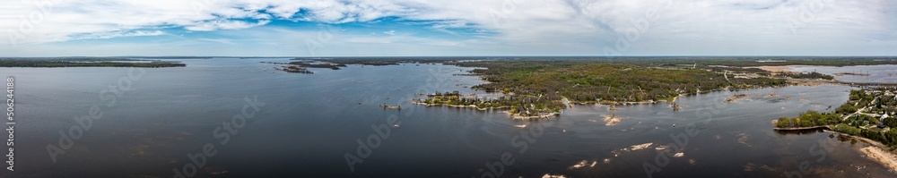 Panoramaof Georgian bay green island and mary Rock from the perspective in Waubaushene and sturgeon bay.