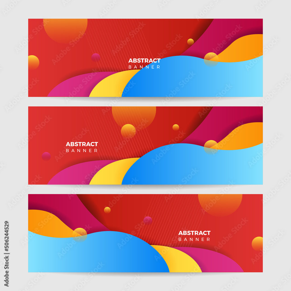 Obraz premium Colorful web banner concept with push button. Collection of horizontal promotion banners with gradient colors and abstract dynamic shapes. Header design for website. Vibrant background.