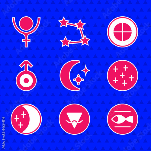 Set Moon and stars, Earth element, Pisces zodiac, Full moon, Eclipse of the sun, Symbol Uranus, globe and Pluto icon. Vector