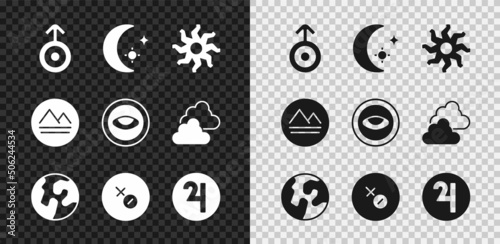 Set Symbol Uranus, Moon and stars, Sun, Earth globe, Venus symbol, Jupiter, element and Medallion with eye icon. Vector