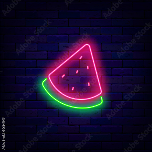 Watermelon neon icon. Fruit shop sign. Slot machine element. Casino emblem. Vector stock illustration