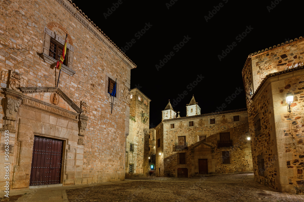 Scenic view of Cáceres old town by night