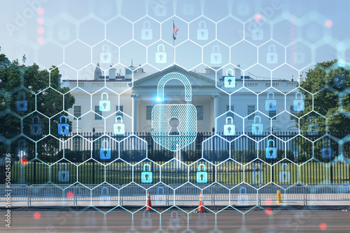 The White House on sunny day, Washington DC, USA. Executive branch. President administration. The concept of cyber security to protect confidential information, padlock hologram